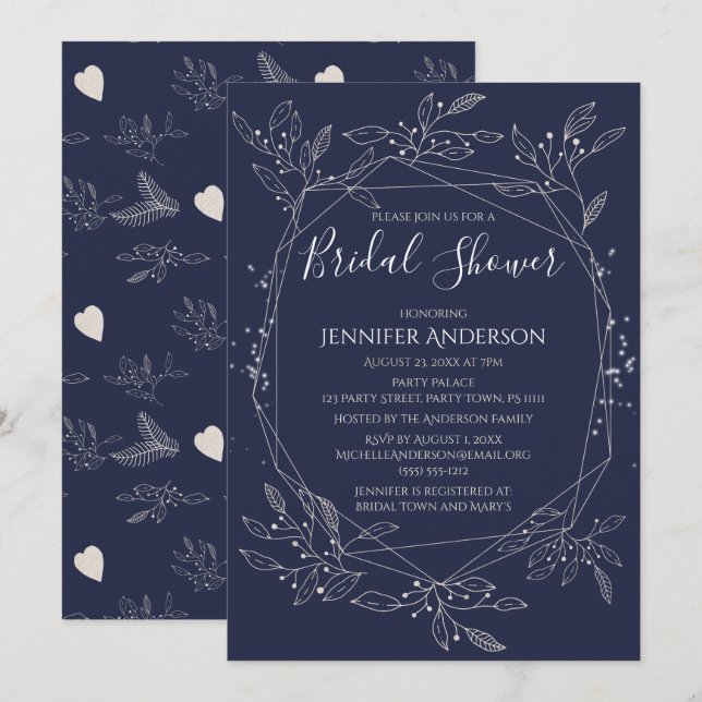 Winter Botanical Blue White Bridal Shower Invitation (Front/Back)