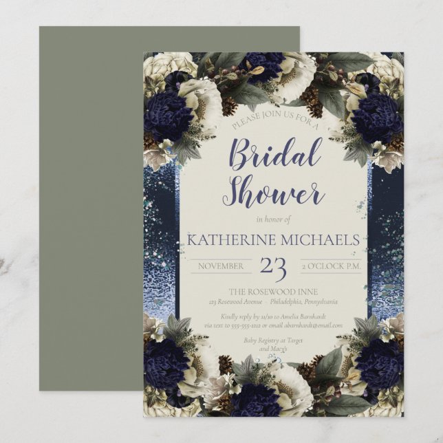 Winter Botanical Blue | Winter White Bridal Shower Invitation (Front/Back)