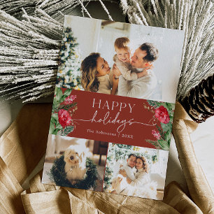 Winter Botanical Burgundy Red Modern Script Photo Holiday Card