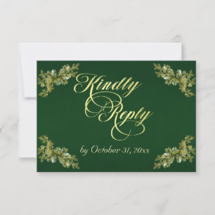 Winter Botanical Calligraphy - Gold/Emerald RSVP Card