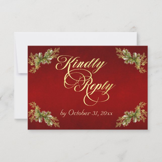 Winter Botanical Calligraphy - Gold/Red RSVP Card (Front)