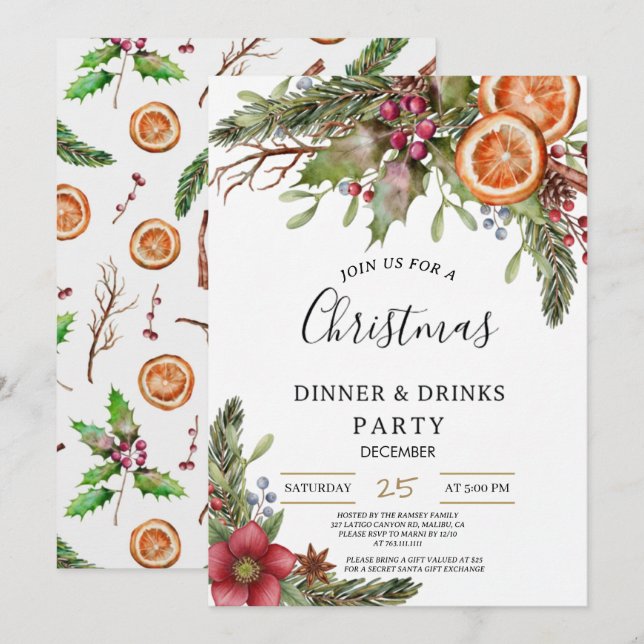 Winter Botanical Christmas Invite | Rustic Dinner  (Front/Back)