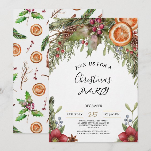 Winter Botanical Christmas Invite | Rustic Dinner  (Front/Back)