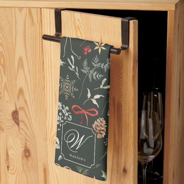 Winter Botanical Festive Christmas Monogram Tea Towel (Thirds Fold)
