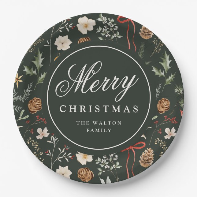 Winter Botanical Festive Christmas Personalised Paper Plate (Front)