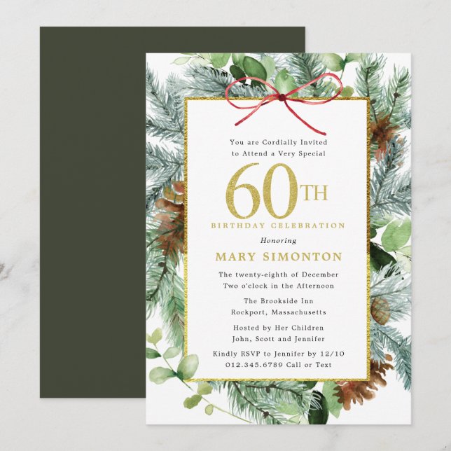 Winter Botanical Floral Gold 60th Birthday Party Invitation (Front/Back)