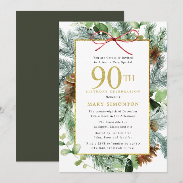 Winter Botanical Floral Gold 90th Birthday Party Invitation (Front/Back)