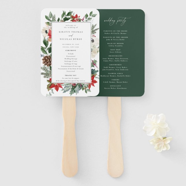 Winter Botanical Floral Wedding Hand Fan (Front and Back)