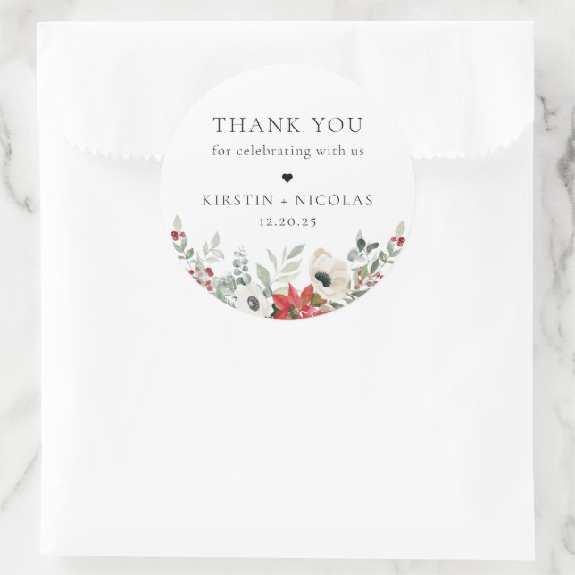 Winter Botanical Floral Wedding Thank You Classic Round Sticker (Bag)