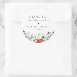 Winter Botanical Floral Wedding Thank You Classic Round Sticker