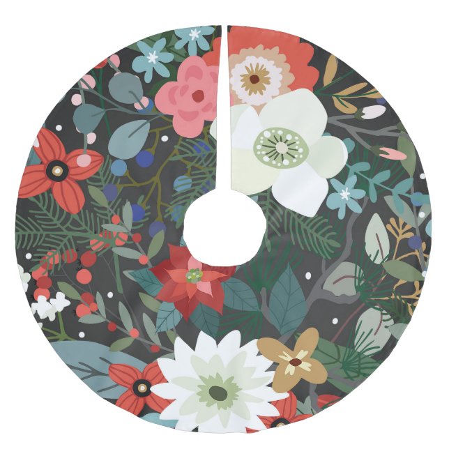 Winter Botanical Flowers Floral Christmas Holiday Brushed Polyester Tree Skirt (Front)