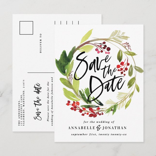 winter botanical foliage red green watercolor save announcement postcard (Front/Back)