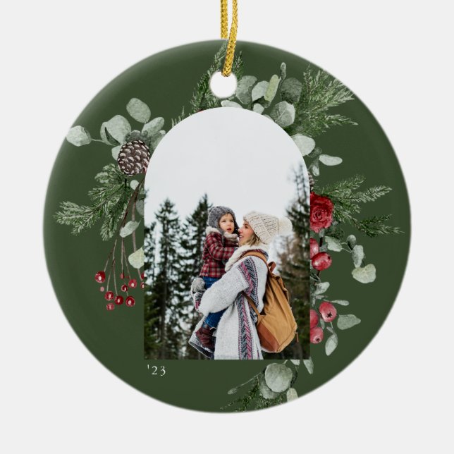 Winter Botanical Frame Green Photo Ceramic Tree Decoration (Front)