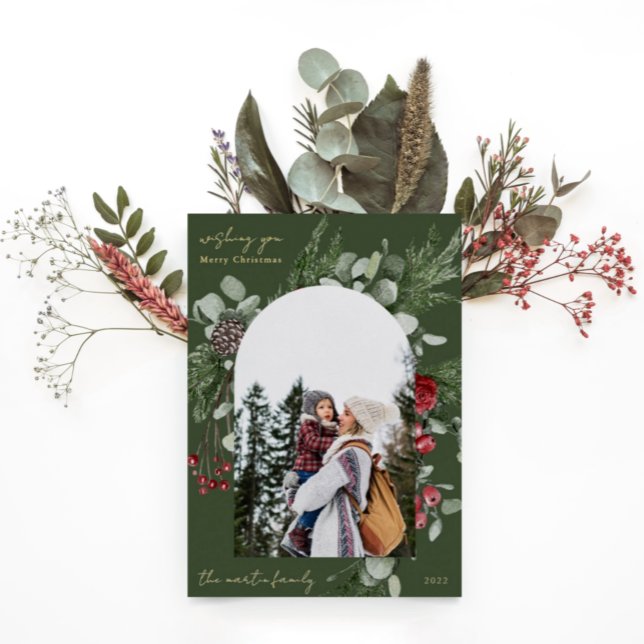Winter Botanical Frame Green Two Photo Christmas Foil Holiday Card (Creator Uploaded)