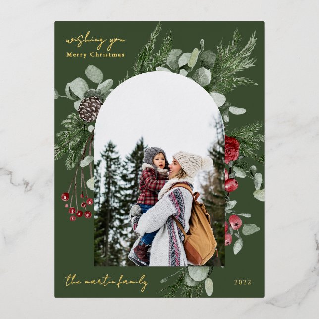 Winter Botanical Frame Photo Green Foil Holiday Postcard (Front)