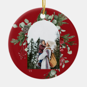Winter Botanical Frame Red Photo Ceramic Tree Decoration