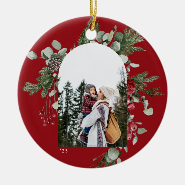 Winter Botanical Frame Red Photo Ceramic Tree Decoration (Front)
