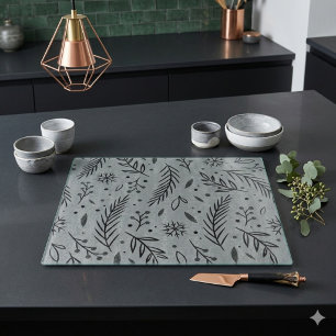 Winter Botanical Glass Cutting Board – Grey