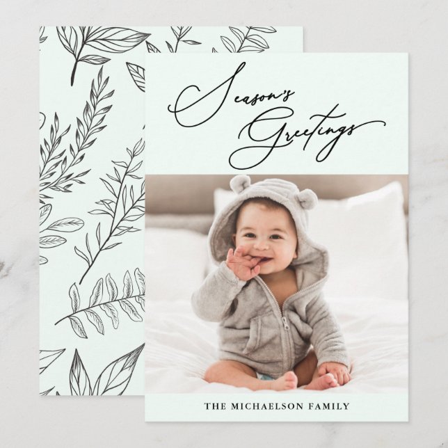 Winter Botanical Green Season's Greetings Photo Holiday Card (Front/Back)