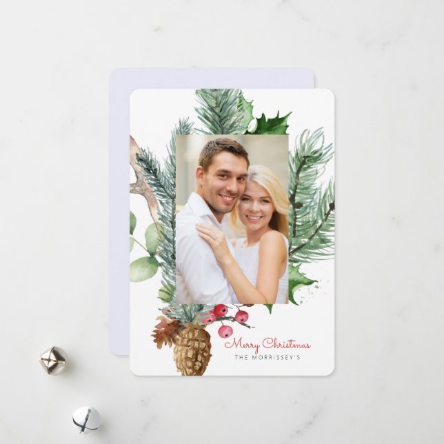 Winter Botanical Greenery 2 Photo Flat Holiday Card (Front/Back In Situ)