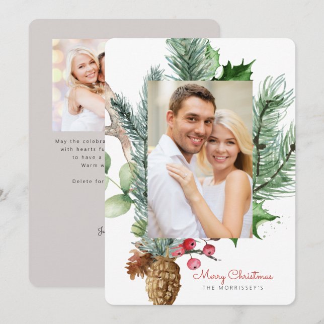 Winter Botanical Greenery 2 Photo Flat Holiday Card (Front/Back)