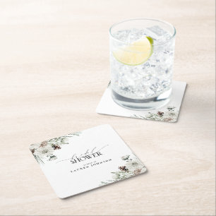 Winter Botanical Greenery Elegant Bridal Shower Square Paper Coaster