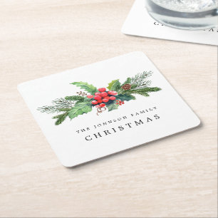 Winter Botanical Greenery Watercolor Personalised Square Paper Coaster