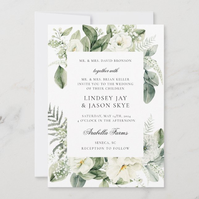 Winter Botanical Greenery White Floral Wedding Invitation (Front)