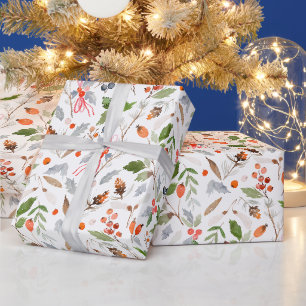 Winter Botanical Holly and Berries Wrapping Paper