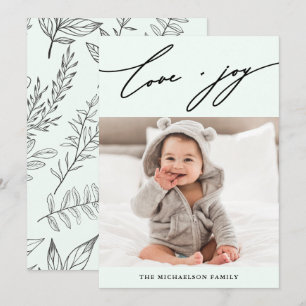 Winter Botanical Love and Joy Script Photo Holiday Card