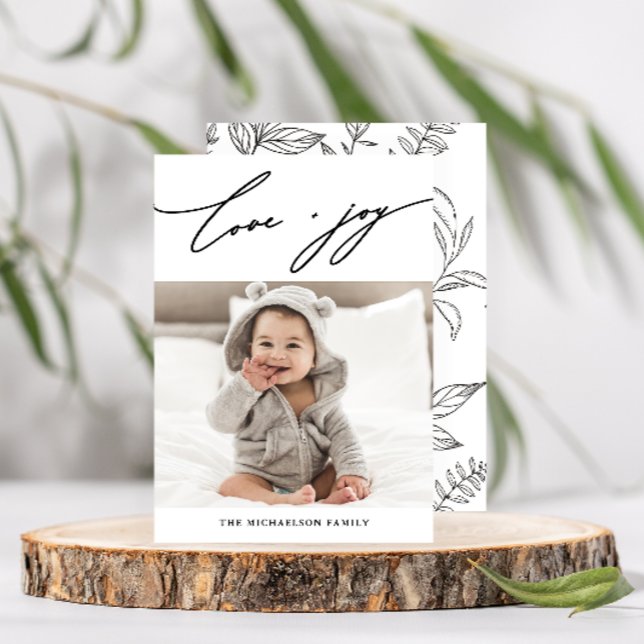 Winter Botanical Love and Joy Script Photo Holiday Card (Creator Uploaded)