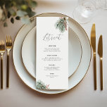 Winter Botanical Minimal Elegant Menu<br><div class="desc">Minimal rustic winter foliage Christmas dinner menu card featuring a watercolor floral arrangement of pine leaves,  red berries and eucalyptus greenery. With elegant handwriting calligraphy.</div>
