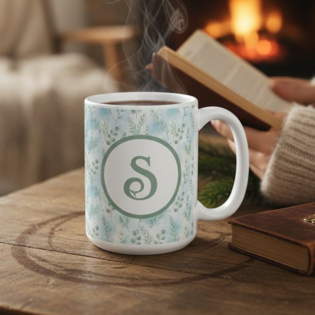 Winter Botanical Monogram Mug (Botanical monogram coffee mug)