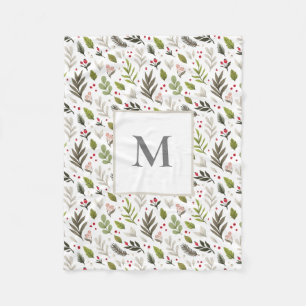 Winter Botanical Pattern, Monogram Fleece Blanket