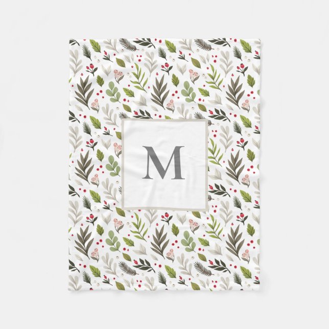 Winter Botanical Pattern, Monogram Fleece Blanket (Front)