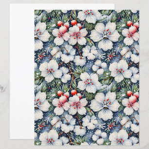 Winter Botanical Pine and Floral Pattern Paper