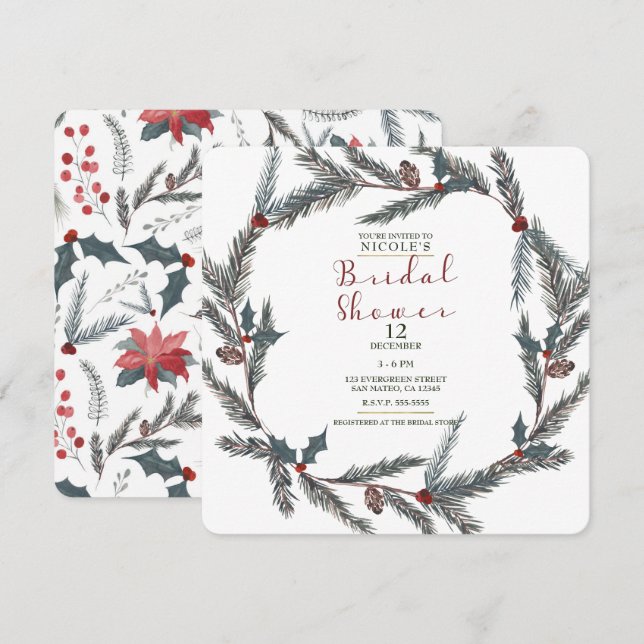 Winter Botanical Pine Berry Wreath Bridal Shower Invitation (Front/Back)