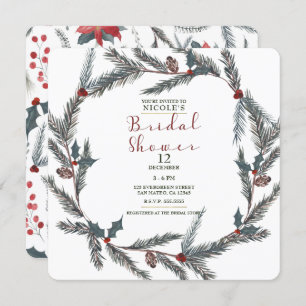 Winter Botanical Pine Berry Wreath Bridal Shower Invitation