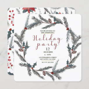 Winter Botanical Pine Berry Wreath Holiday Party Invitation
