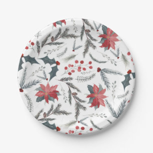 Winter Botanical Pine Berry Wreath Holiday Party Paper Plate
