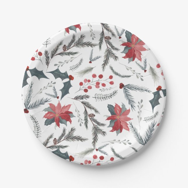 Winter Botanical Pine Berry Wreath Holiday Party Paper Plate (Front)