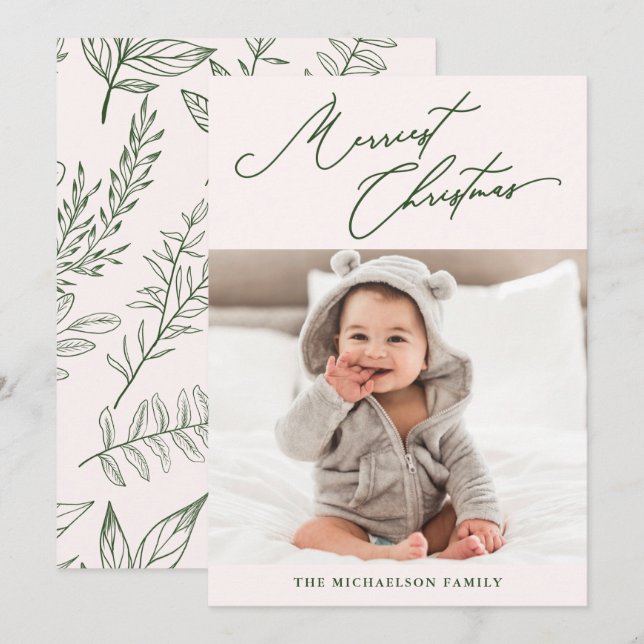 Winter Botanical Pink Merriest Christmas Photo Holiday Card (Front/Back)