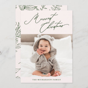 Winter Botanical Pink Merriest Christmas Photo Holiday Card