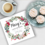 Winter Botanical Rose 100th Birthday Elegant Napkin<br><div class="desc">Soft red roses and holly and berries create a beautifully rustic floral wreath. Eucalyptus leaves and other red flowers add to the winter botanical vibe. The birthday woman's name is written in a large script font. 100th Birthday and the thank you sentiment follow. This napkin is part of the 100th...</div>