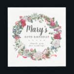 Winter Botanical Rose 80th Birthday Elegant Napkin<br><div class="desc">Soft red roses and holly and berries create a beautifully rustic floral wreath. Eucalyptus leaves and other red flowers add to the winter botanical vibe. The birthday woman's name is written in a large script font. 80th Birthday and the thank you sentiment follow. This napkin is part of the 80th...</div>