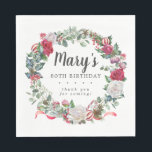 Winter Botanical Rose 80th Birthday Elegant Napkin<br><div class="desc">Soft red roses and holly and berries create a beautifully rustic floral wreath. Eucalyptus leaves and other red flowers add to the winter botanical vibe. The birthday woman's name is written in a large script font. 80th Birthday and the thank you sentiment follow. This napkin is part of the 80th...</div>