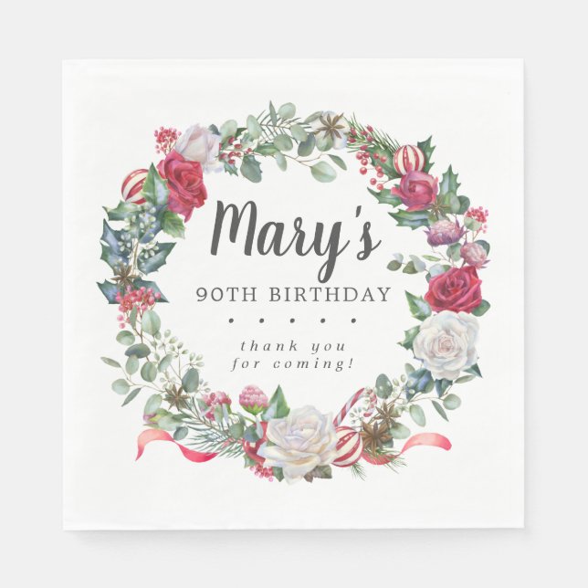 Winter Botanical Rose 90th Birthday Elegant Napkin (Front)