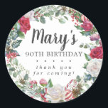 Winter Botanical Rose 90th Birthday Thank You Classic Round Sticker<br><div class="desc">Soft red roses and holly and berries create a beautifully rustic floral wreath. Eucalyptus leaves and other red flowers add to the winter botanical vibe. The birthday woman's name is written in a large script font. 90th Birthday and the thank you sentiment follow. This birthday sticker is part of the...</div>
