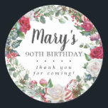 Winter Botanical Rose 90th Birthday Thank You Classic Round Sticker<br><div class="desc">Soft red roses and holly and berries create a beautifully rustic floral wreath. Eucalyptus leaves and other red flowers add to the winter botanical vibe. The birthday woman's name is written in a large script font. 90th Birthday and the thank you sentiment follow. This birthday sticker is part of the...</div>