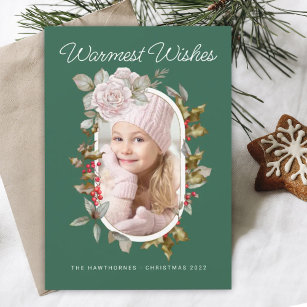 Winter Botanical Rose and Evergreens Photo Holiday Card